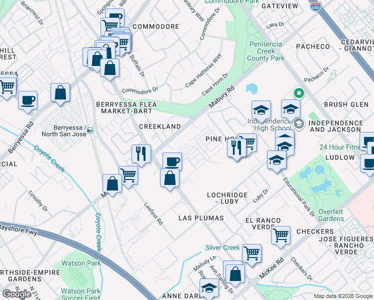 map of restaurants, bars, coffee shops, grocery stores, and more near 1816 Slate Place in San Jose