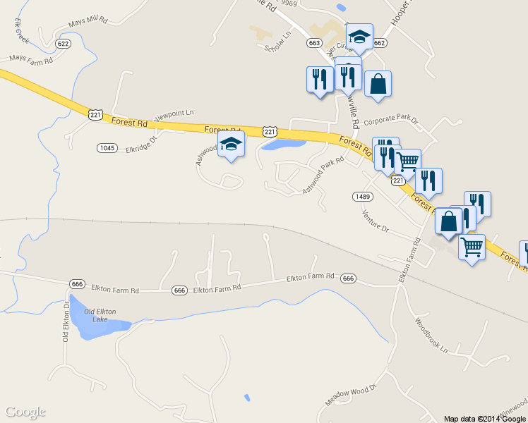map of restaurants, bars, coffee shops, grocery stores, and more near 1178 Blue Ridge View Cir in Forest