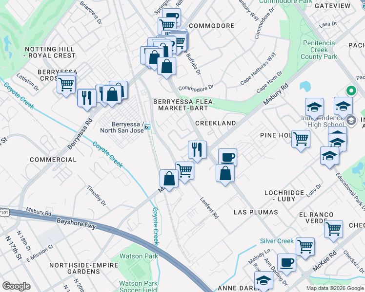 map of restaurants, bars, coffee shops, grocery stores, and more near 1668 Pala Ranch Circle in San Jose