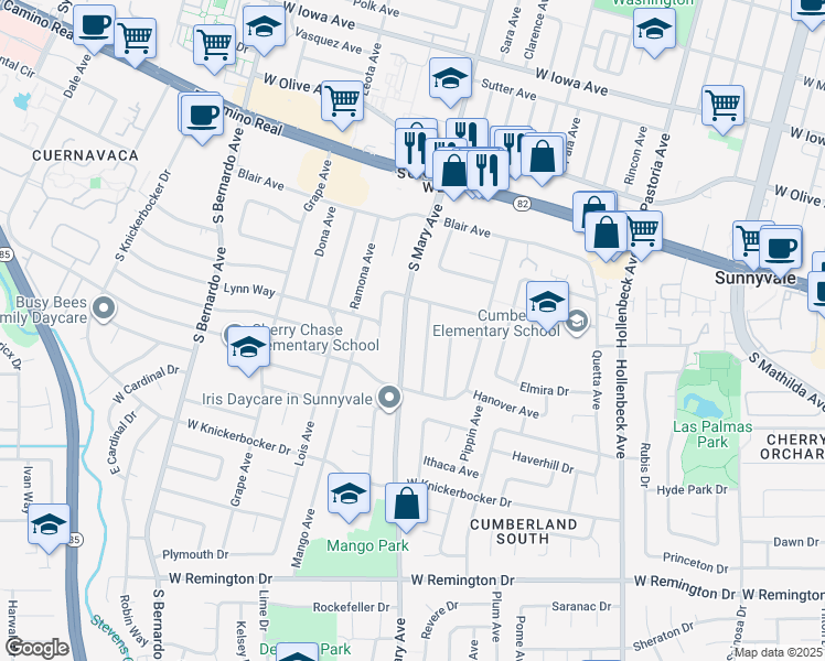map of restaurants, bars, coffee shops, grocery stores, and more near 834 Nectarine Avenue in Sunnyvale