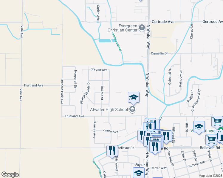 map of restaurants, bars, coffee shops, grocery stores, and more near 3330 Virginia Street in Atwater