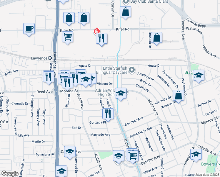 map of restaurants, bars, coffee shops, grocery stores, and more near 3370 Monroe Street in Santa Clara