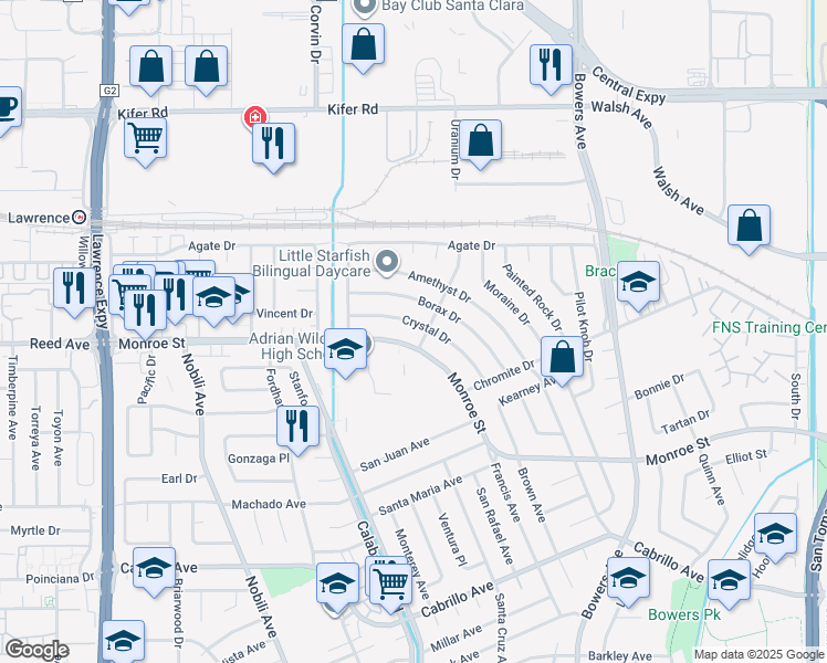 map of restaurants, bars, coffee shops, grocery stores, and more near 3250 Monroe Street in Santa Clara