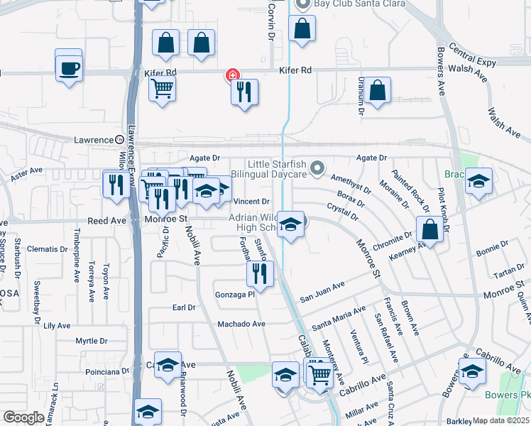 map of restaurants, bars, coffee shops, grocery stores, and more near 3370 Monroe Street in Santa Clara