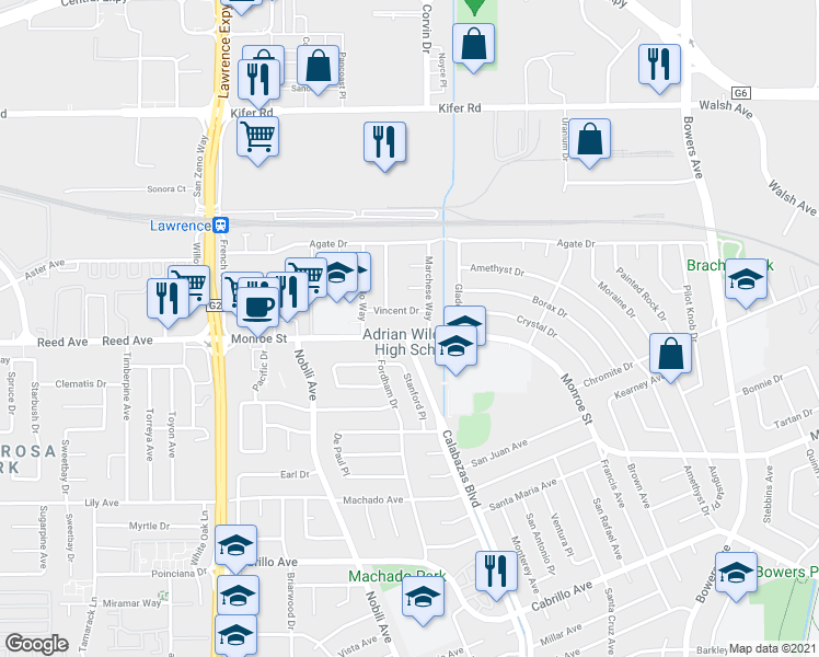map of restaurants, bars, coffee shops, grocery stores, and more near 3370 Monroe Street in Santa Clara