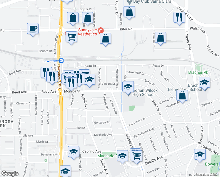 map of restaurants, bars, coffee shops, grocery stores, and more near 3370 Monroe Street in Santa Clara