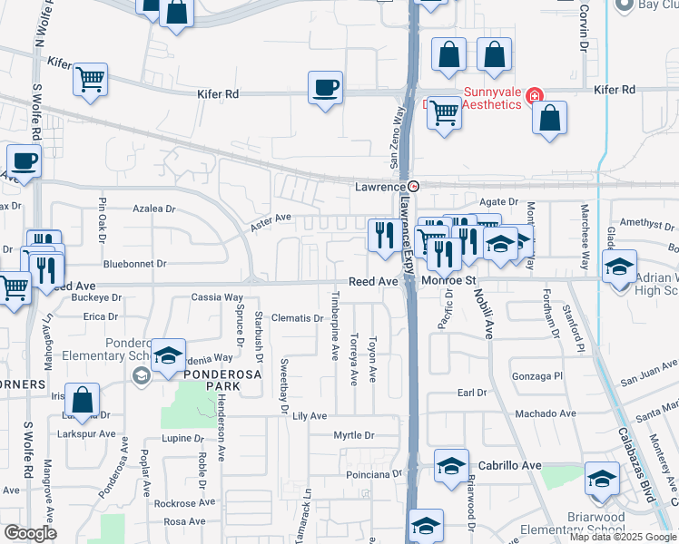 map of restaurants, bars, coffee shops, grocery stores, and more near 1102 Reed Avenue in Sunnyvale