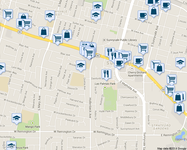 map of restaurants, bars, coffee shops, grocery stores, and more near in Sunnyvale