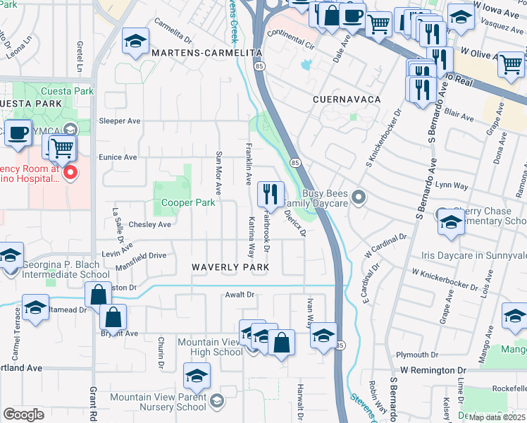 map of restaurants, bars, coffee shops, grocery stores, and more near 2557 Fairbrook Drive in Mountain View