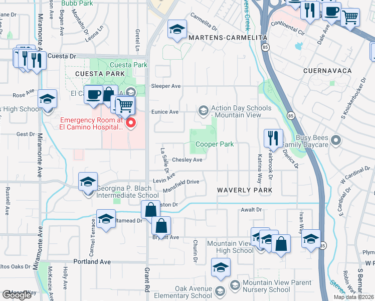 map of restaurants, bars, coffee shops, grocery stores, and more near 2645 Swanson Way in Mountain View