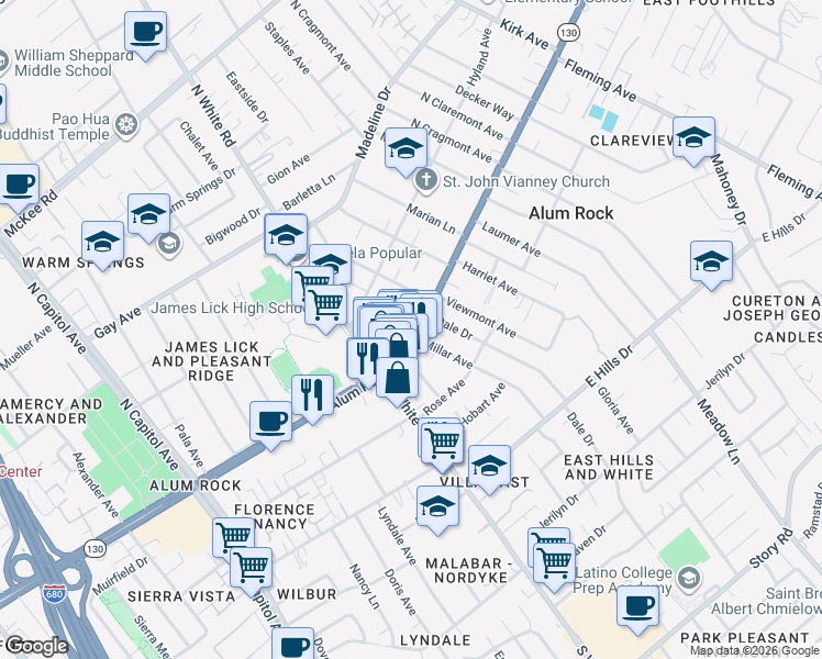 map of restaurants, bars, coffee shops, grocery stores, and more near 3144 California 130 in San Jose