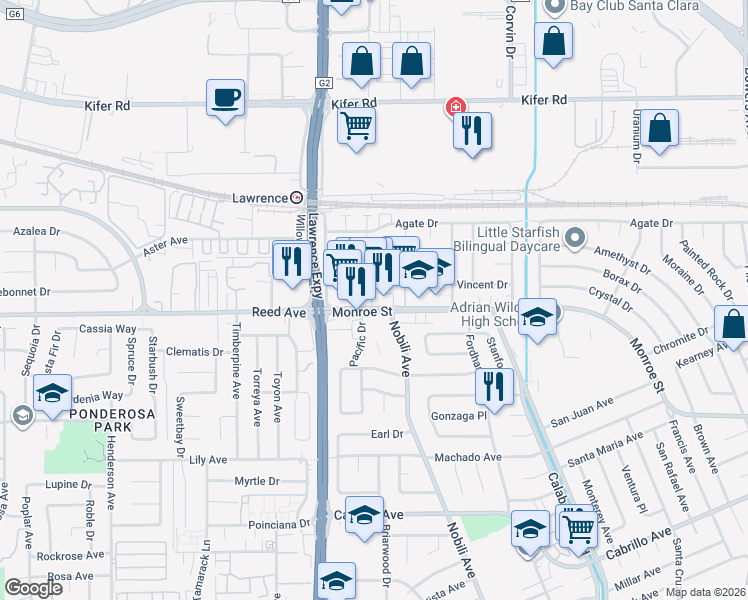 map of restaurants, bars, coffee shops, grocery stores, and more near 2434 Nobili Avenue in Santa Clara