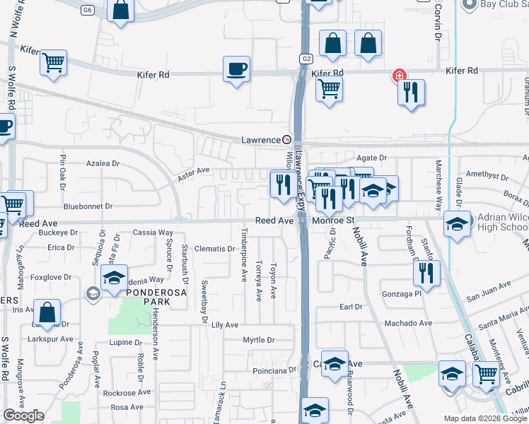 map of restaurants, bars, coffee shops, grocery stores, and more near 1144 Reed Avenue in Sunnyvale