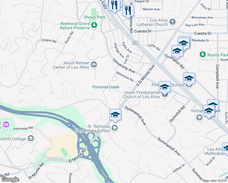 map of restaurants, bars, coffee shops, grocery stores, and more near 16 Bay Tree Lane in Los Altos