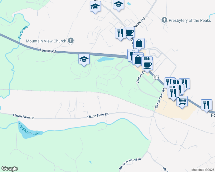 map of restaurants, bars, coffee shops, grocery stores, and more near 1004 Middle View Drive in Forest