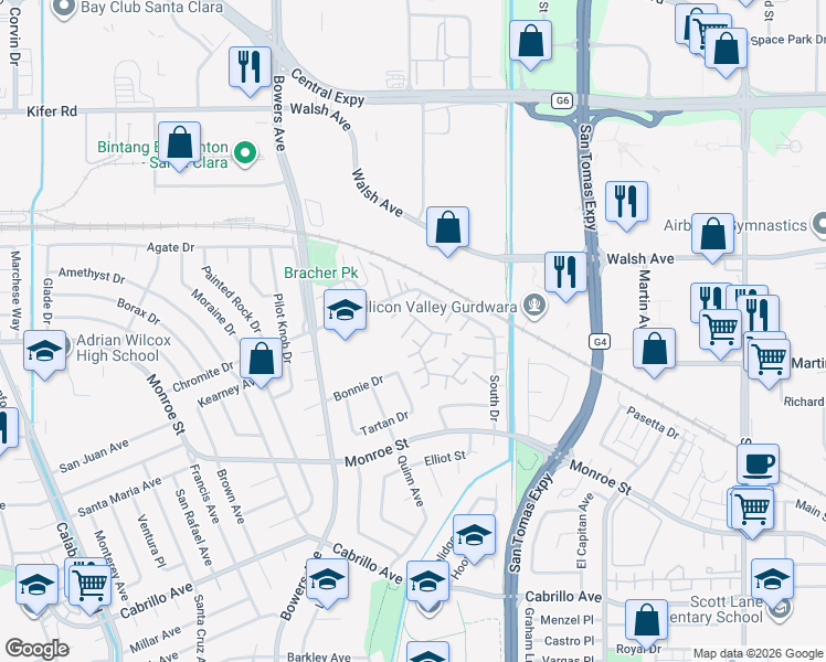 map of restaurants, bars, coffee shops, grocery stores, and more near 2576 Knightsbridge Lane in Santa Clara