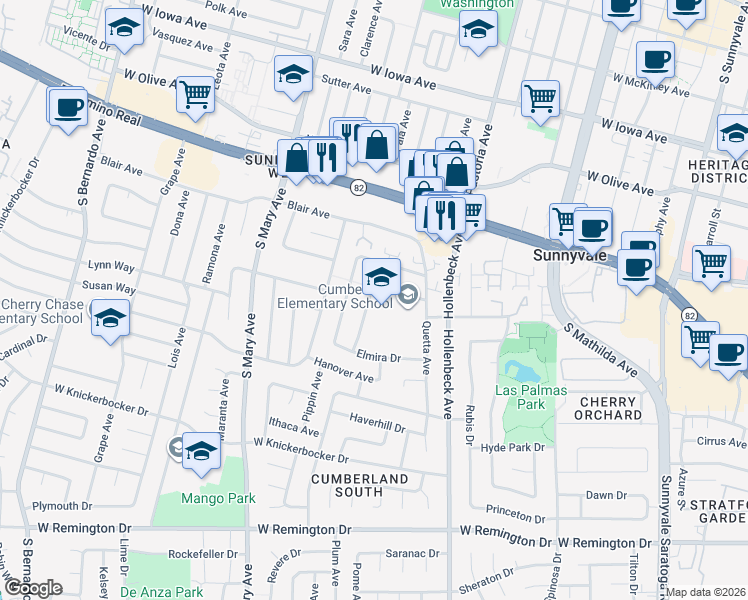 map of restaurants, bars, coffee shops, grocery stores, and more near 806 Piper Avenue in Sunnyvale