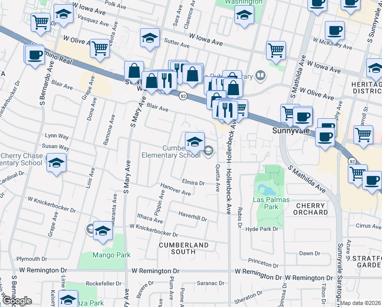 map of restaurants, bars, coffee shops, grocery stores, and more near 806 Piper Avenue in Sunnyvale