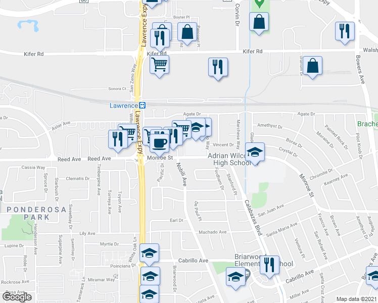 map of restaurants, bars, coffee shops, grocery stores, and more near 3421 Monroe Street in Santa Clara