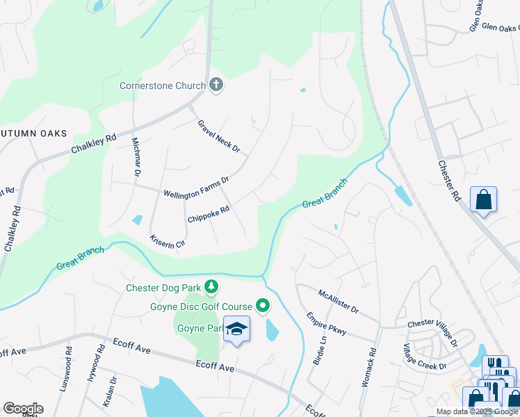map of restaurants, bars, coffee shops, grocery stores, and more near 11013 Chippoke Place in Chester