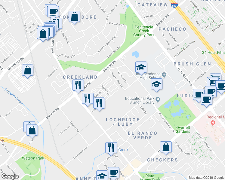 map of restaurants, bars, coffee shops, grocery stores, and more near 1966 Galileo Lane in San Jose