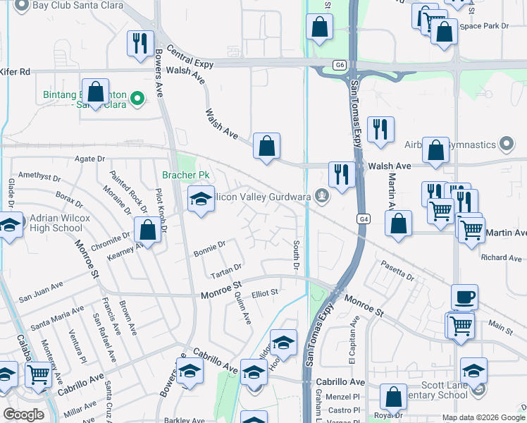 map of restaurants, bars, coffee shops, grocery stores, and more near 2517 Palmdale Court in Santa Clara