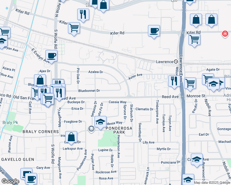 map of restaurants, bars, coffee shops, grocery stores, and more near 1020 Aster Avenue in Sunnyvale