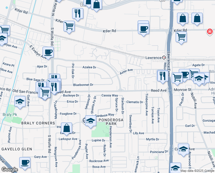 map of restaurants, bars, coffee shops, grocery stores, and more near 1020 Aster Avenue in Sunnyvale