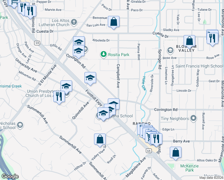 map of restaurants, bars, coffee shops, grocery stores, and more near 840 Campbell Avenue in Los Altos