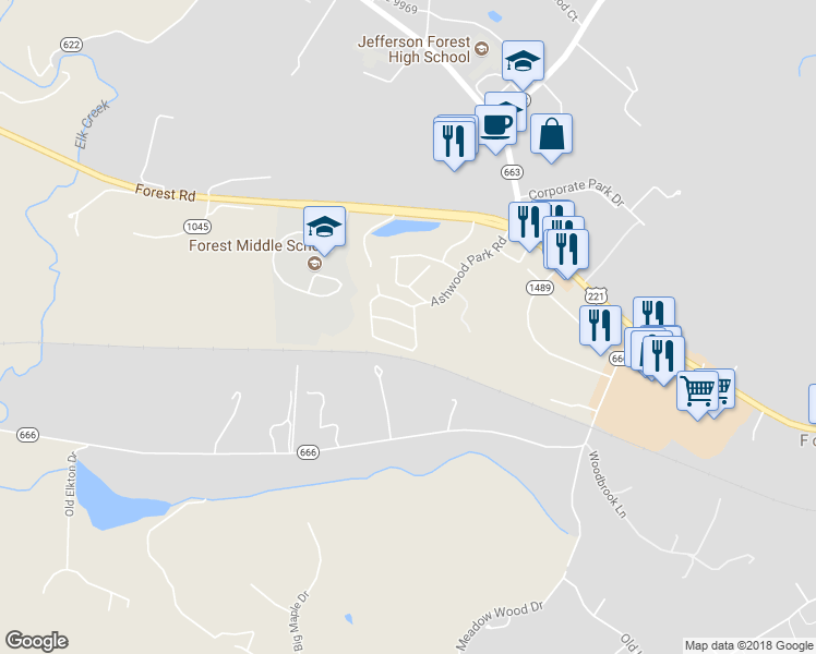 map of restaurants, bars, coffee shops, grocery stores, and more near 1001 Middle View Drive in Forest