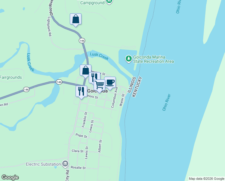 map of restaurants, bars, coffee shops, grocery stores, and more near 300 South Washington Street in Golconda