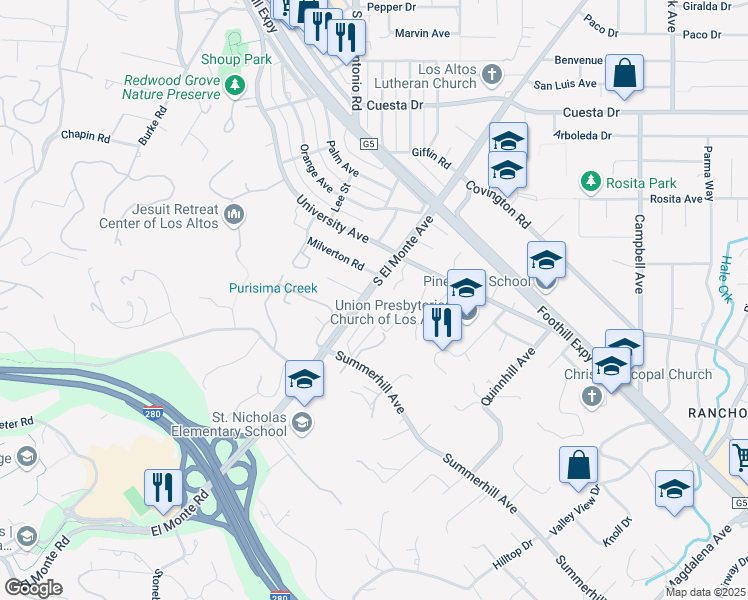 map of restaurants, bars, coffee shops, grocery stores, and more near 780 South El Monte Avenue in Los Altos