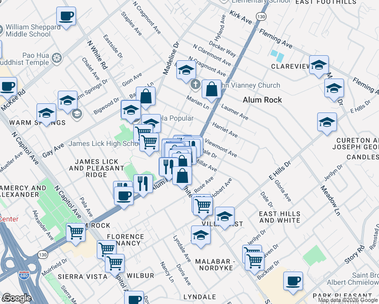 map of restaurants, bars, coffee shops, grocery stores, and more near 21 Talmadge Avenue in San Jose