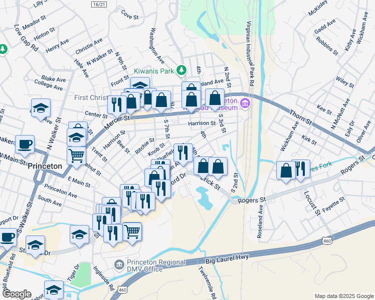 map of restaurants, bars, coffee shops, grocery stores, and more near 417 Bluefield Ave in Princeton