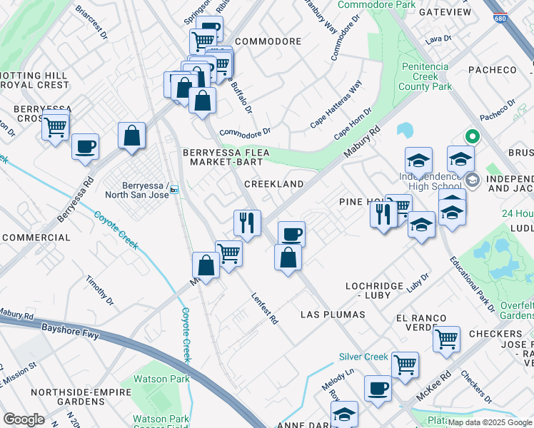 map of restaurants, bars, coffee shops, grocery stores, and more near 750 North King Road in San Jose