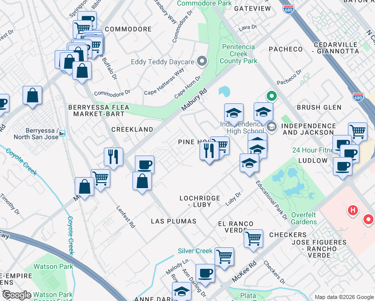 map of restaurants, bars, coffee shops, grocery stores, and more near 1971 Mahuron Circle in San Jose
