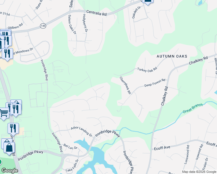 map of restaurants, bars, coffee shops, grocery stores, and more near 10900 Oak Arbor Terrace in Chester