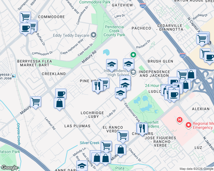 map of restaurants, bars, coffee shops, grocery stores, and more near 26 Educational Park Drive in San Jose