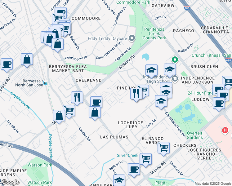 map of restaurants, bars, coffee shops, grocery stores, and more near 678 Squire Avenue in San Jose