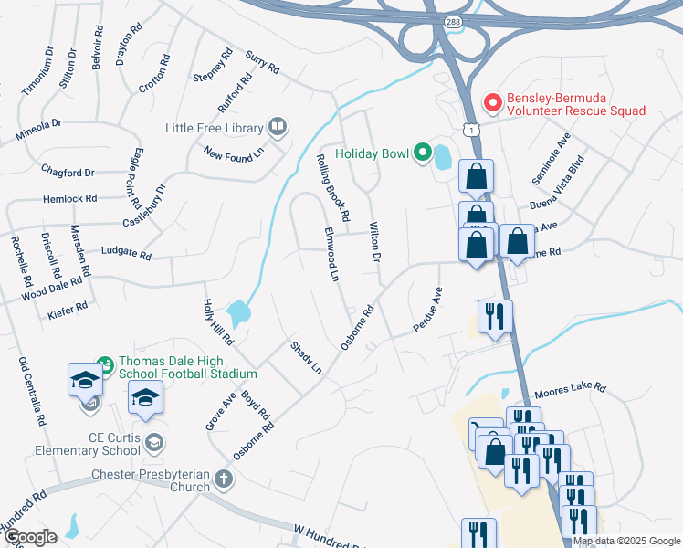 map of restaurants, bars, coffee shops, grocery stores, and more near 11623 Elmwood Lane in Chester