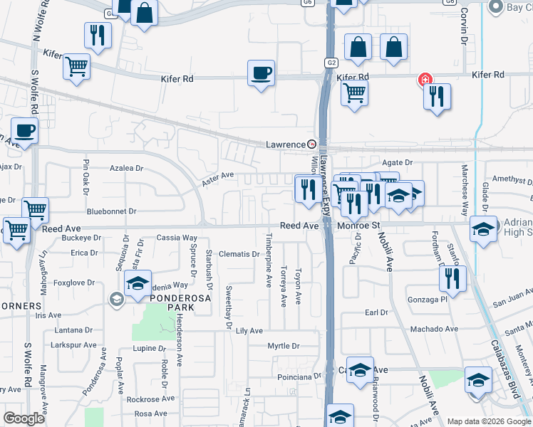 map of restaurants, bars, coffee shops, grocery stores, and more near 1117 Reed Avenue in Sunnyvale