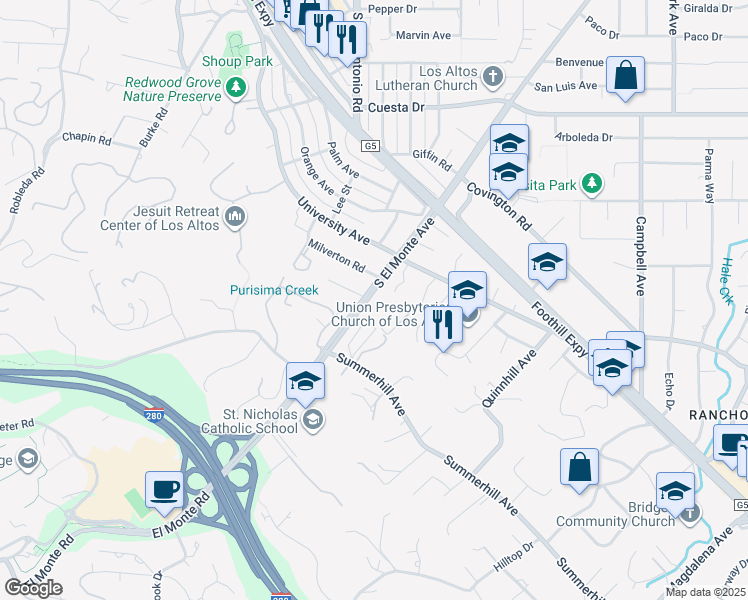 map of restaurants, bars, coffee shops, grocery stores, and more near 780 South El Monte Avenue in Los Altos