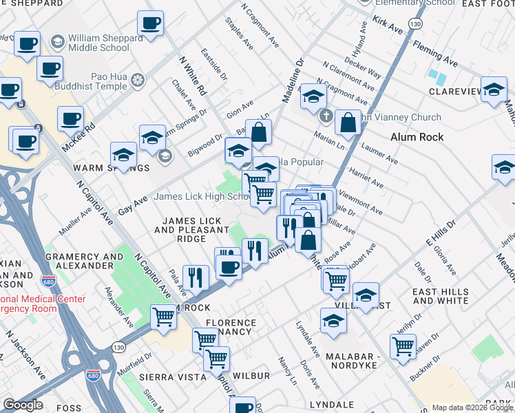 map of restaurants, bars, coffee shops, grocery stores, and more near 66 North White Road in San Jose