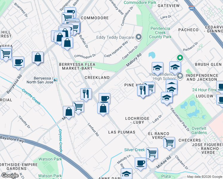 map of restaurants, bars, coffee shops, grocery stores, and more near 1905 Nevets Lane in San Jose