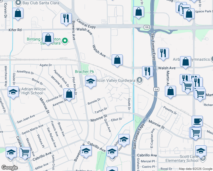 map of restaurants, bars, coffee shops, grocery stores, and more near 2611 South Park Lane in Santa Clara