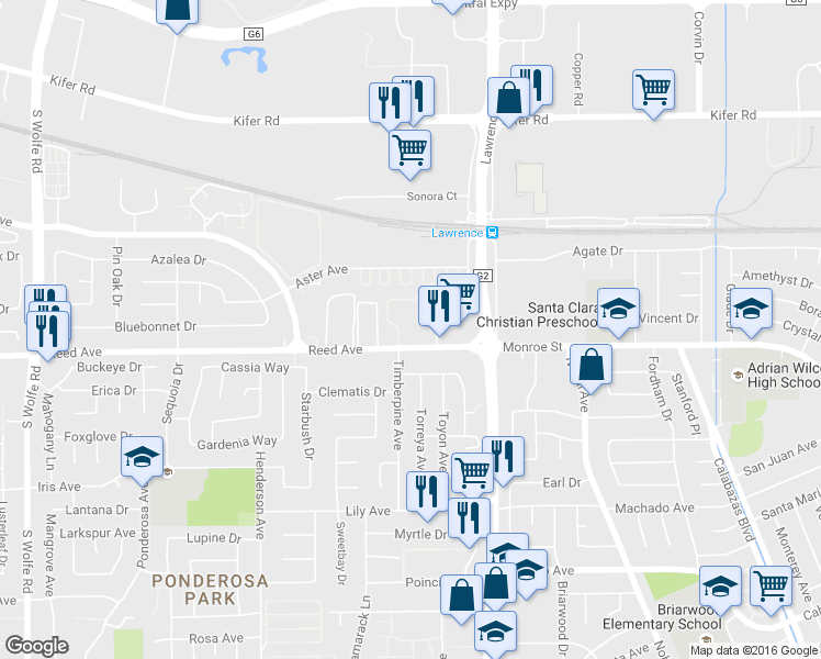 map of restaurants, bars, coffee shops, grocery stores, and more near 1117 Reed Avenue in Sunnyvale