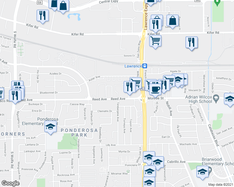 map of restaurants, bars, coffee shops, grocery stores, and more near 1117 Reed Avenue in Sunnyvale