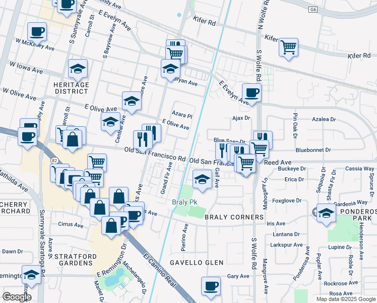 map of restaurants, bars, coffee shops, grocery stores, and more near 664 Begonia Way in Sunnyvale