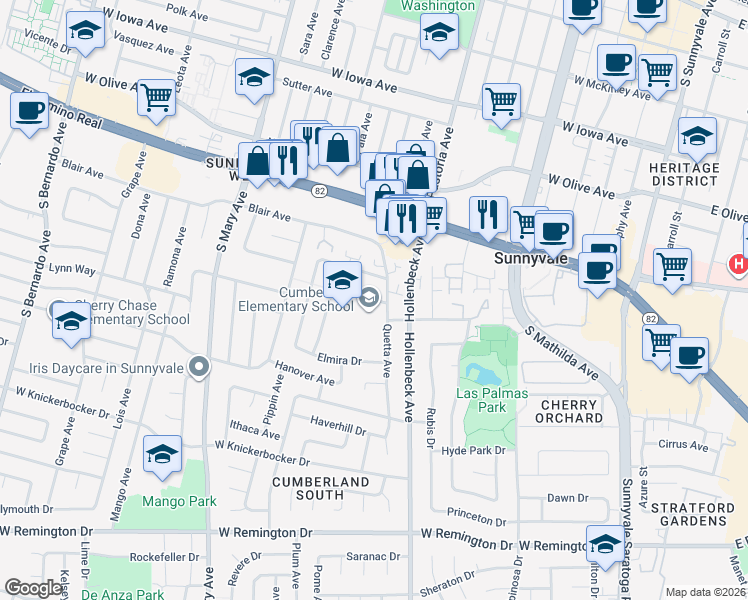 map of restaurants, bars, coffee shops, grocery stores, and more near 830 Brookline Drive in Sunnyvale