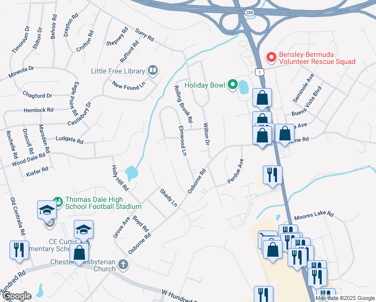 map of restaurants, bars, coffee shops, grocery stores, and more near 11623 Elmwood Lane in Chester